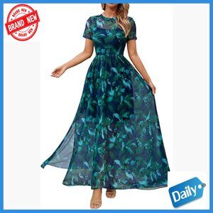 Summer Maxi Dress Floral Mesh High Waist Slit Cocktail Boho